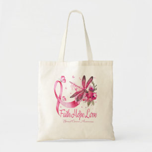 Tote Bag Faith Hope Love Dragonfly Ribbon Cancer du sein