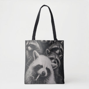 Tote Bag Famille de ratons laveurs vintage noir et blanc