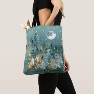 Tote Bag Famille de renards dans une forêt enneigée sous la