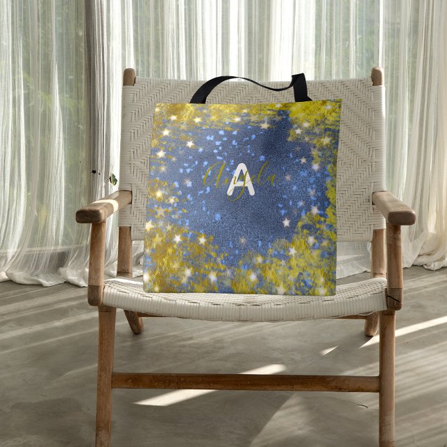 Tote Bag Fancy Chic Starry Glittery Bleu Et Gold Girl (Créateur téléchargé)
