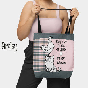 Tote Bag Fantaisie Chat et Poulet Rose Plaid