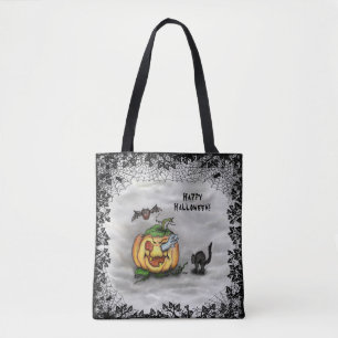 Tote Bag Fantôme, Chat, Chat et Citrouille, Bonne Halloween