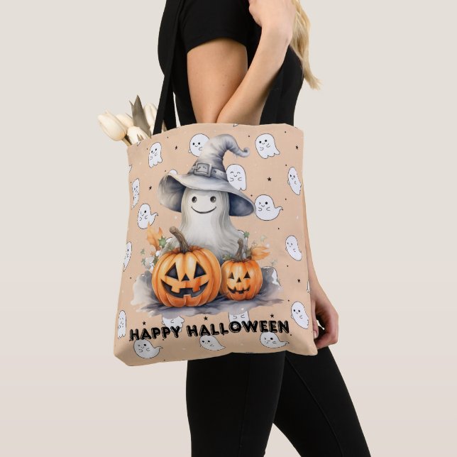 Tote Bag Fantôme et lanternes Jack-O' Halloween orange clai (De près)