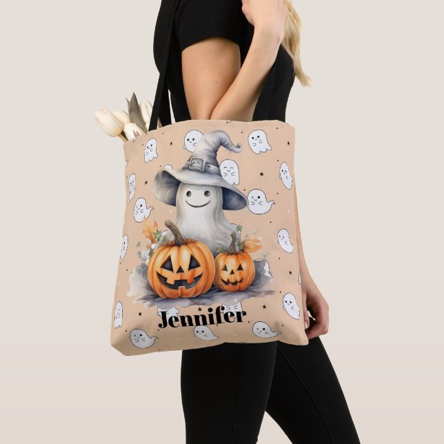 Tote Bag Fantôme et lanternes Jack-O' Halloween orange clai (De près)