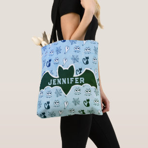 Tote Bag Fantôme, toiles d'araignées et chats noirs bleu