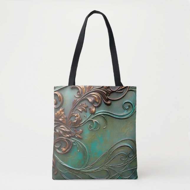 Tote Bag Faux 3D design turquoise et rouille (Devant)