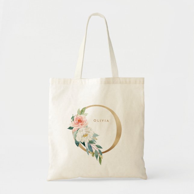 Tote Bag Faux Gold Foil Floral Lettre O Monogramme Bridesma (Devant)