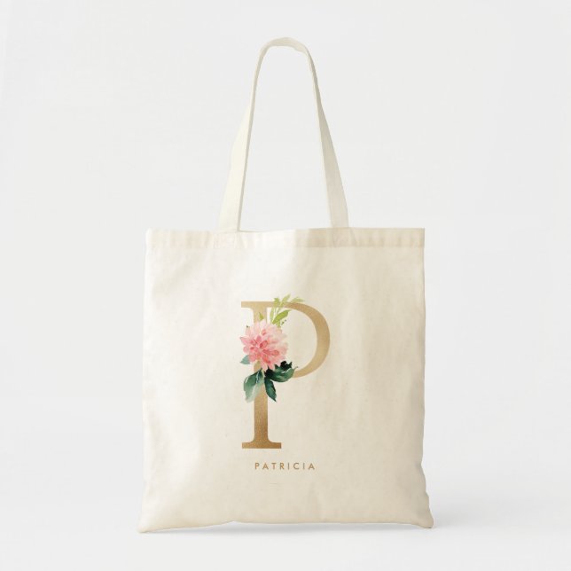 Tote Bag Faux Gold Foil Floral Lettre P Monogramme Bridesma (Devant)