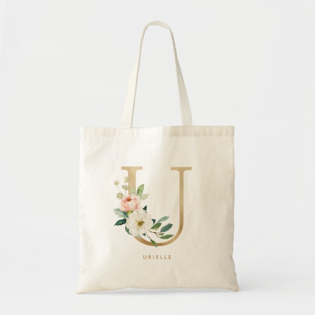 Tote Bag Faux Gold Foil Floral Lettre U Monogram Bridesmaid (Devant)