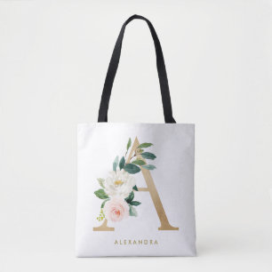 Tote Bag Faux papier d'or joli monogramme floral en lettre 