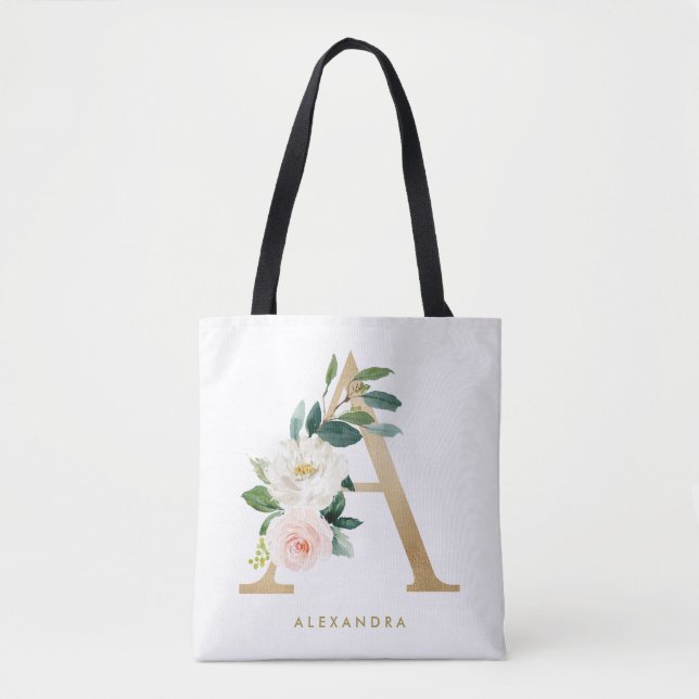 Tote Bag Faux papier d'or joli monogramme floral en lettre  (Devant)