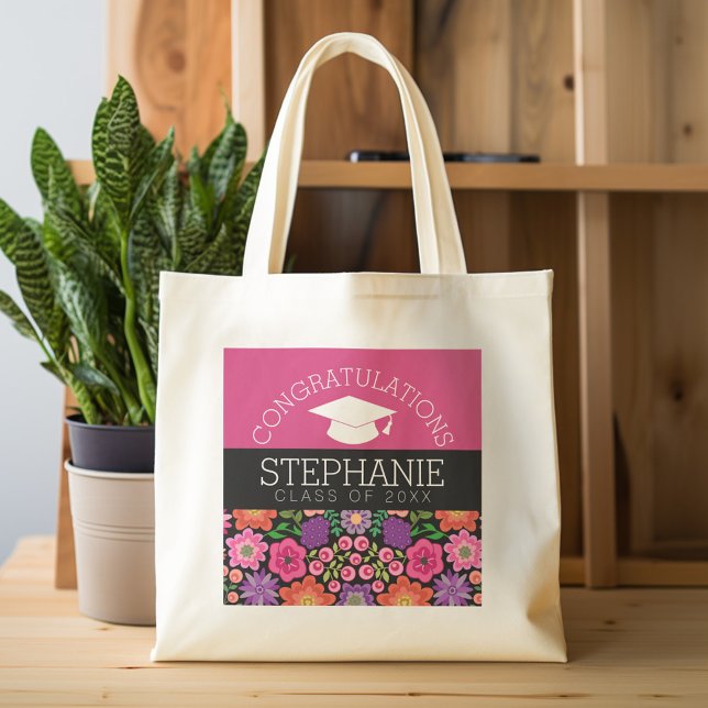Tote Bag Félicitations Diplômée Fleurs Filles Diplômée (Personalized tote bag - graduation girly design)