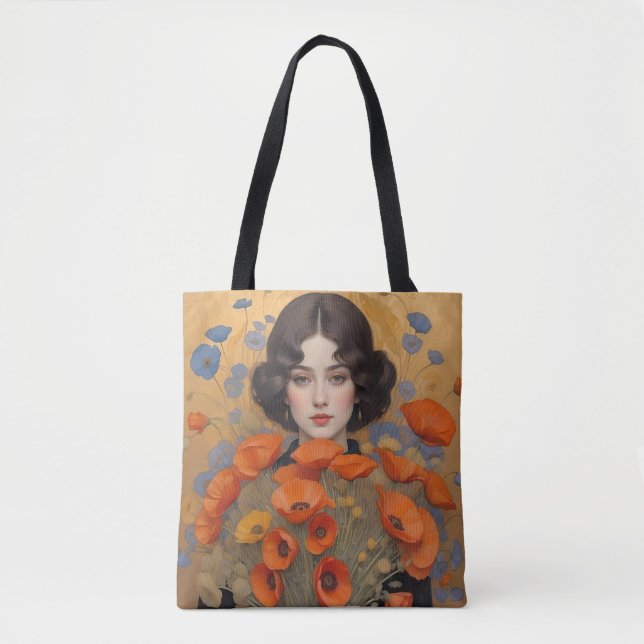 Tote Bag Femme élégante tenant un bouquet de fleurs de pavo (Devant)