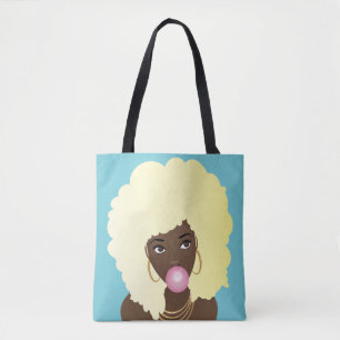 Tote Bag Femme noire, Afro blonde, Bubblegum rose, Bleu