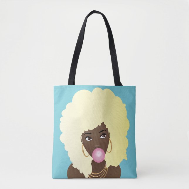 Tote Bag Femme noire, Afro blonde, Bubblegum rose, Bleu (Devant)