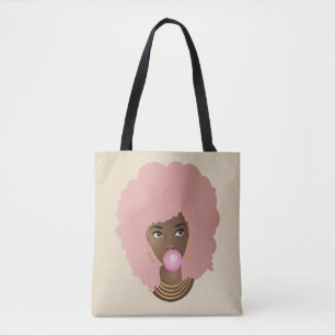 Tote Bag Femme noire, Afro rose, Bubblegum rose