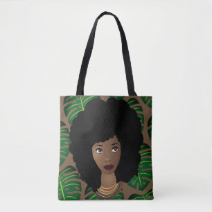 Tote Bag Femme noire, Cheveux naturels, Feuilles verts, Bro