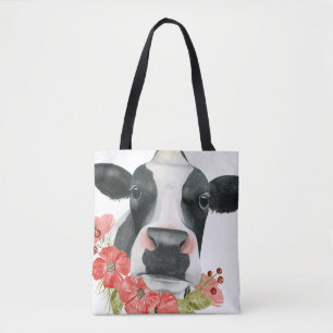 Tote Bag Ferme de pavot - vache avec des fleurs