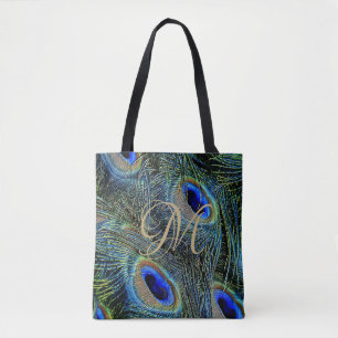 Tote Bag Fermer Colorful Peacock Feaths Or Monogramme