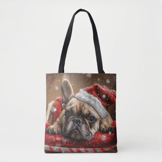 Tote Bag Festive de Noël de Chien de taureaux français (Devant)