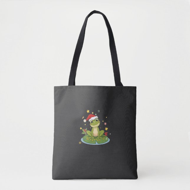 Tote Bag Festive Frog Joy - Cute Christmas Frog on Lily Pad (Devant)