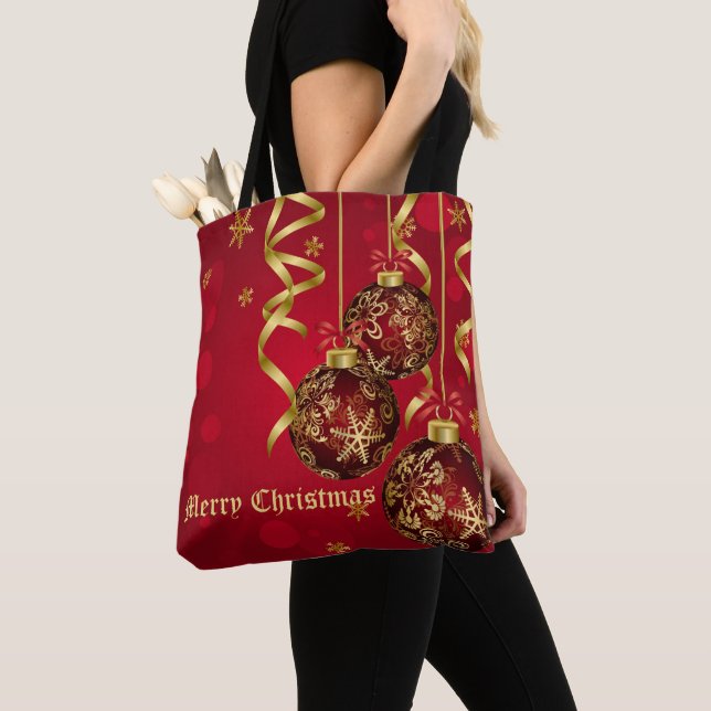 Tote Bag Festive tendance Rouge et ornements de Noël doré (De près)