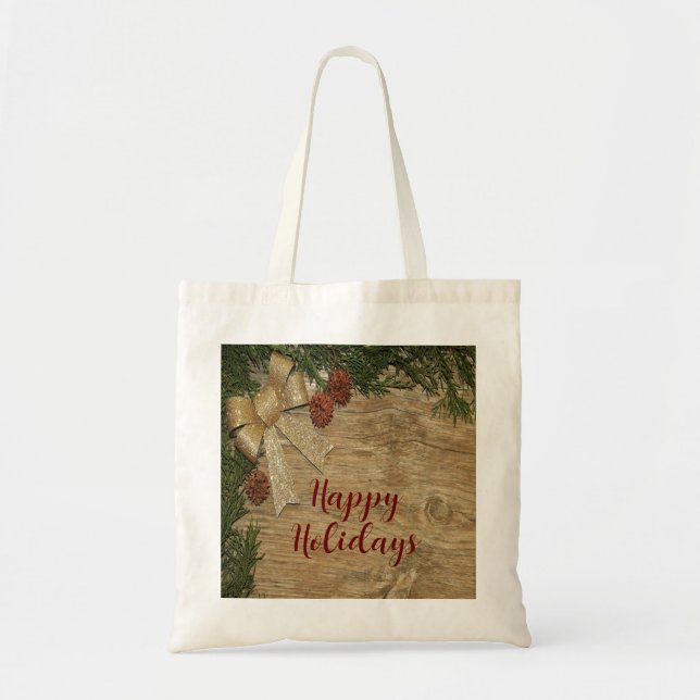 Tote Bag Fête de Noël Golden Green Feuilles Rouge Russe (Devant)