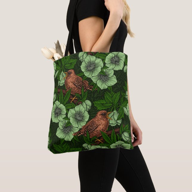 Tote Bag Feu et hellebore sur vert foncé (De près)