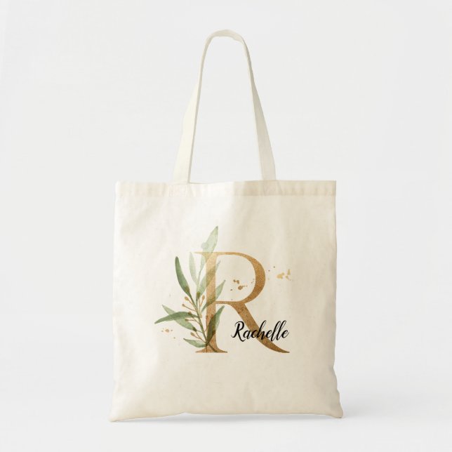 Tote Bag Feuillage d'or vert Élégant feuillage Monogramme " (Devant)