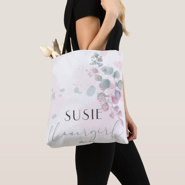 Tote Bag Feuillage vert Pastel rose et Sage clair (De près)