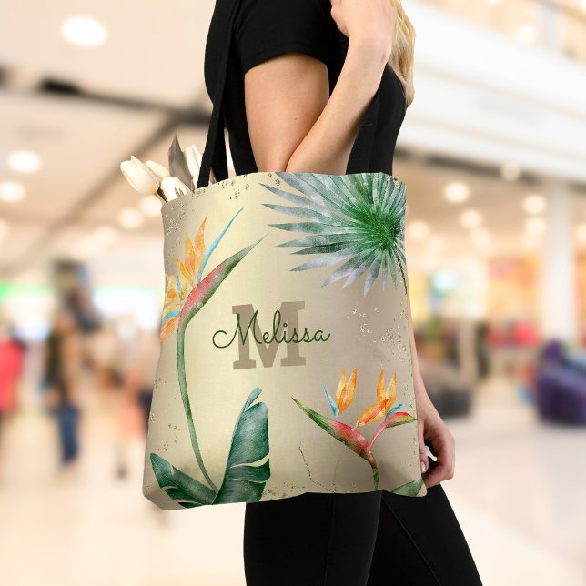 Tote Bag Feuille d'or motif floral de l'île tropicale monog (Créateur téléchargé)