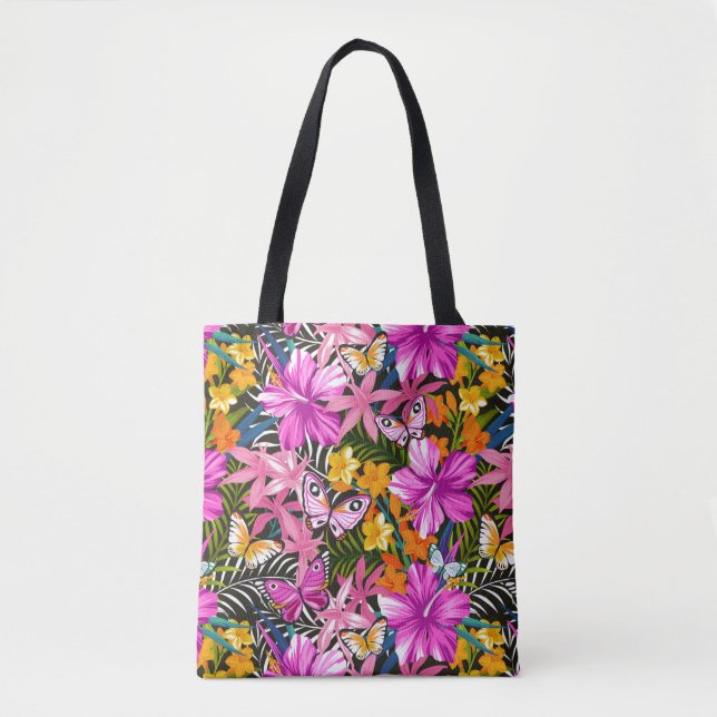 Tote Bag Feuille et fleurs tropicaux (Devant)