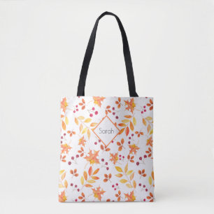 Tote Bag Feuilles automnales Aquarelle Monogramme