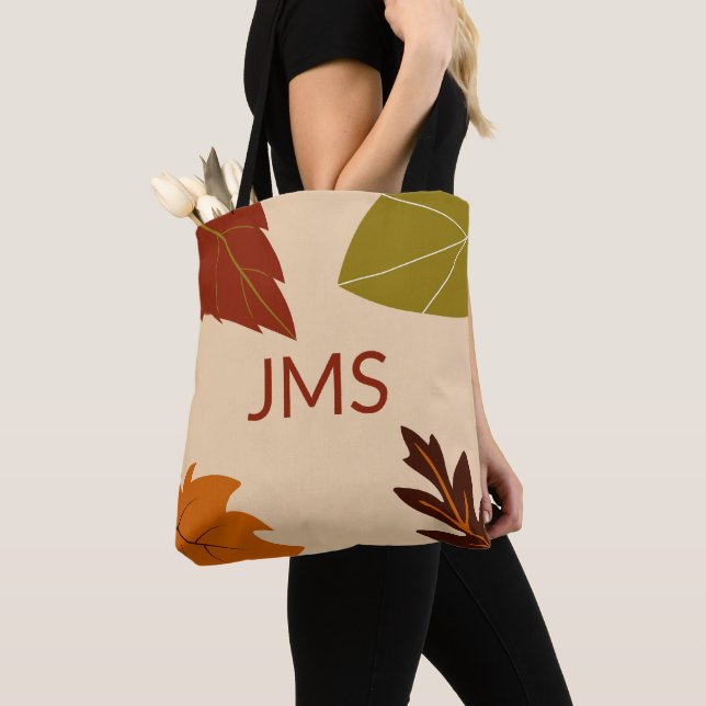 Tote Bag Feuilles d'automne Vert Brown et orange Monogramme (De près)