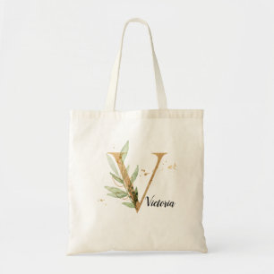 Tote Bag Feuilles d'or Vert Élégant Feuillage Monogramme
