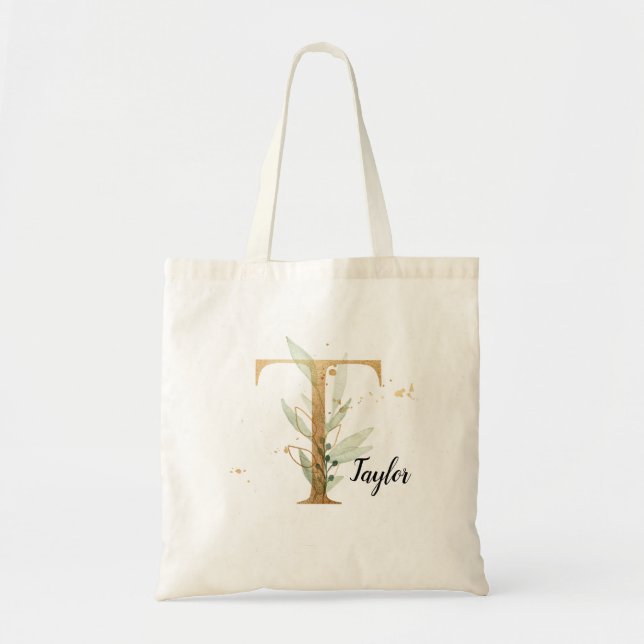 Tote Bag Feuilles d'or Vert Élégant Foliage Monogramme "T" (Devant)
