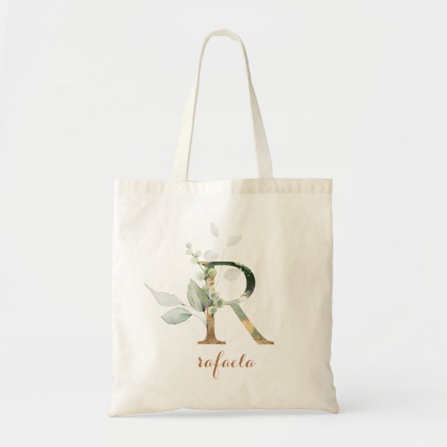 Tote Bag Feuilles d'or vert feuillage Lettre personnalisée  (Devant)