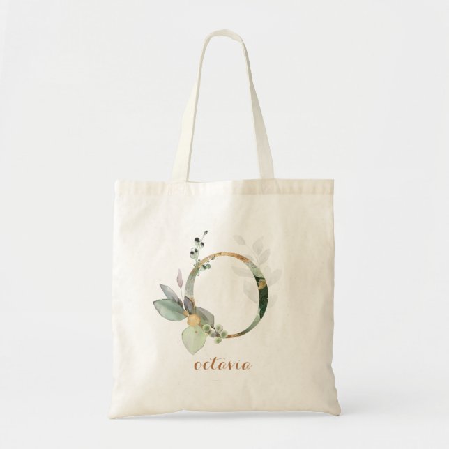 Tote Bag Feuilles d'or vert feuillage Lettre personnalisée  (Devant)