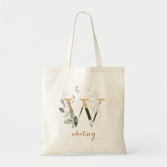 Tote Bag Feuilles d'or vert feuillage Lettre personnalisée  (Devant)