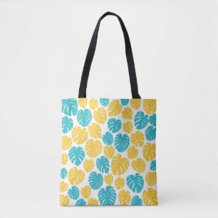 Tote Bag Feuilles Monstera en Turquoise, Jaune et Blanc
