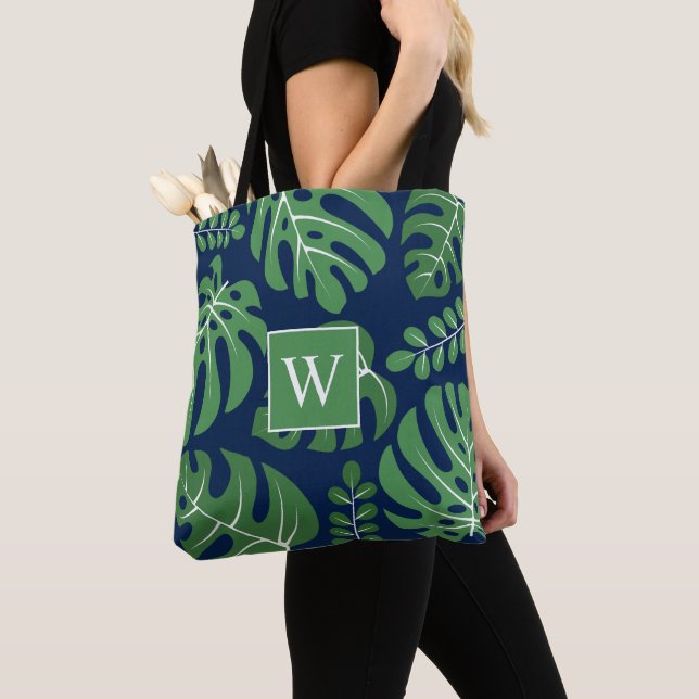 Tote Bag Feuilles Monstera Monogramme Marine et Vert (De près)