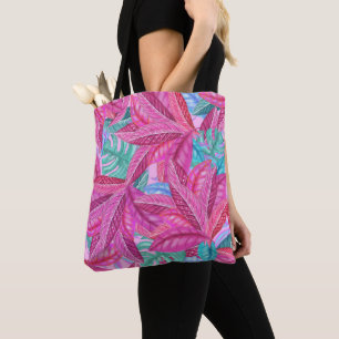 Tote Bag Feuilles tropicaux modernes rose et vert