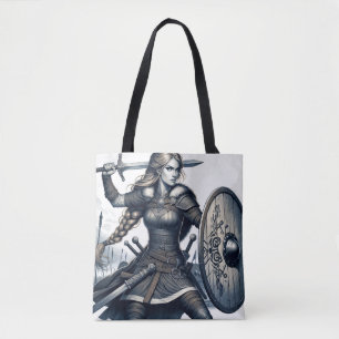Tote Bag Fierce Valkyrie Warrior - Norse Mythology Line Art