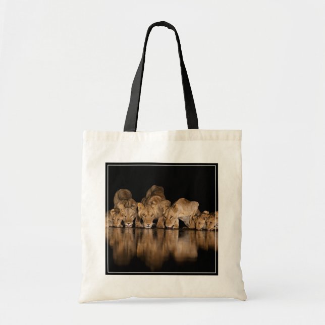 Tote Bag Fierté de lions buvant au point d'eau la nuit (Devant)