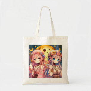 Tote Bag Fille Anime Hippie Lune Filles Faisant Signe de Pa