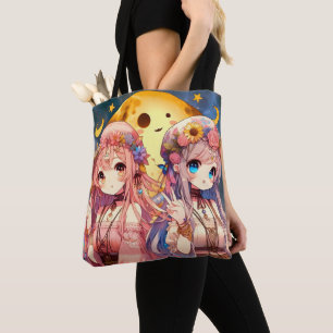 Tote Bag Fille Anime Hippie Lune Filles Faisant Signe de Pa