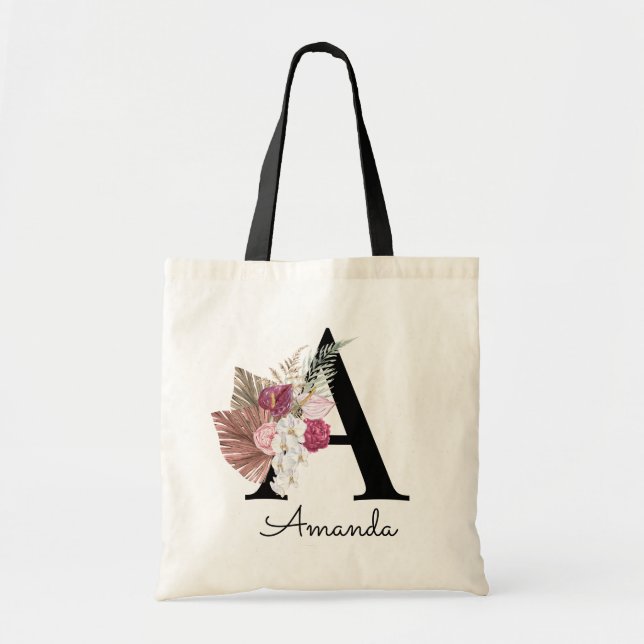 Tote Bag Fille Boho rose moderne Floral Initiale A (Devant)