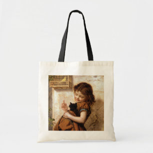 Tote Bag Fille, chat de Kitty et oiseau - peinture vintage