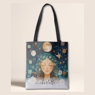 Tote Bag Fille Cosmique Illustration Boho Moon & Daisy Pers