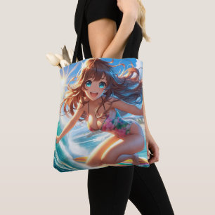 Tote Bag Fille de surfeur anime côtière/nautique/tropicale